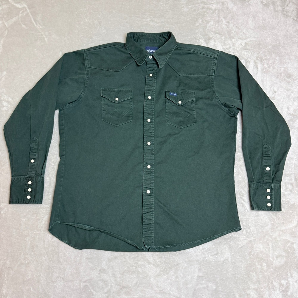 VTG Wrangler Pearl Snap Western Shirt Mens XL Dark Green Heavy Twill Cowboy EUC